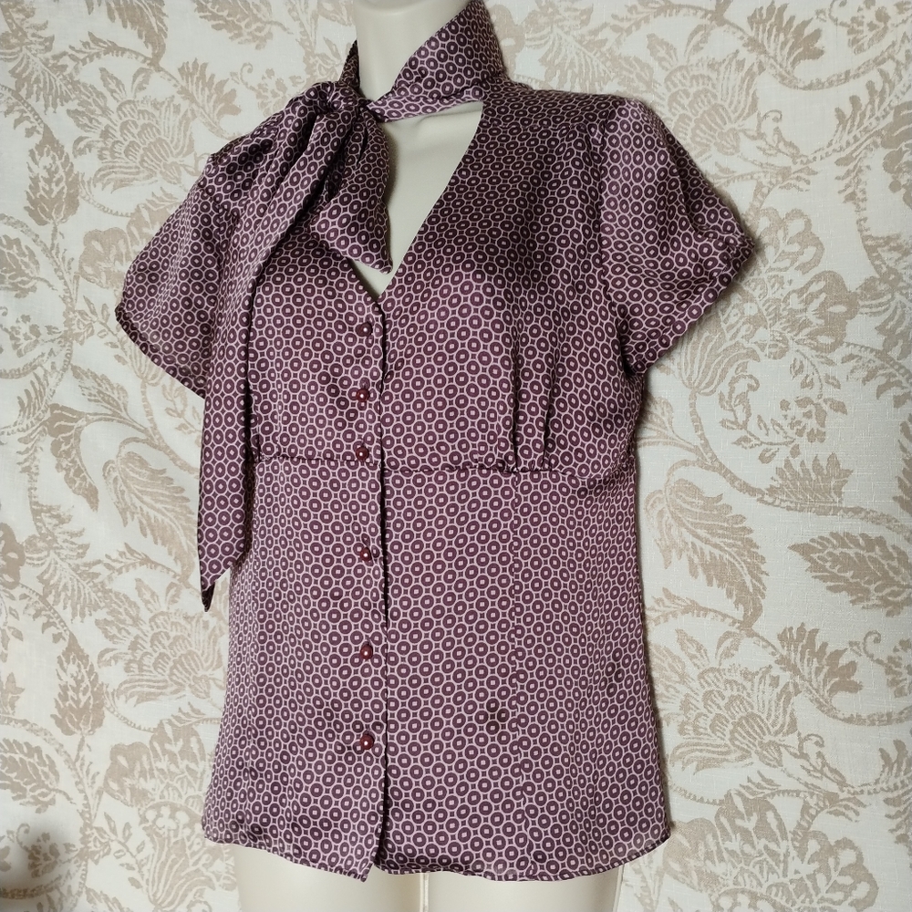 Ann Taylor LOFT Burgundy Geometric Tie-Neck Blouse | Short Sleeve Button Front |